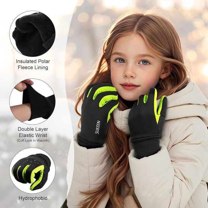 Дитячі рукавички Softshell Зимові водонепроникні рукавички для спорту, їзди на велосипеді та верхової їзди. Теплі рукавички для дівчаток та хлопчиків, Anti-Slip, вітронепроникні, флісові. Розмір S, чорно-флуоресцентний зелений