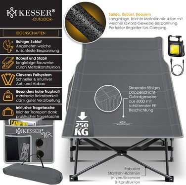 Кемпінгове ліжко KESSER®: стабільне розкладне ліжко для кемпінгу з сумкою, ліхтарем та бічною кишенею. Максимальне навантаження 250 кг, метал, оксфорд 600D, 190 см