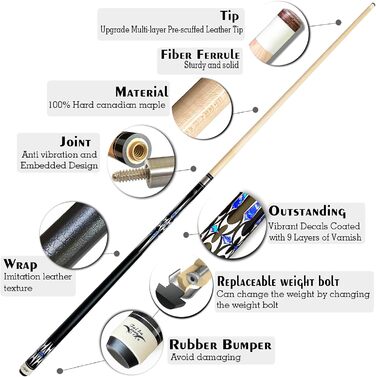 Професійний бильярдний кий Billard-Queuestab S8 з кейсом, наконечник 13 мм, 147,3 см, канадський клен, аксесуари, вага 18,19,20,21,22 г (на вибір), блакитний, чорний, червоний, сірий, зелений