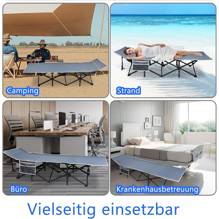 Складне кемпінгове ліжко YRHome для відпочинку на природі: надійне металеве каркас, міцна тканина Oxford 600D, з кишенею та сумкою для перенесення (190x62x38 см, до 250 кг)