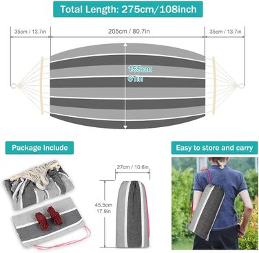 Гамак для відпочинку на відкритому повітрі: кемпінгу, балкону, тераси, саду. З дерев'яною перекладиною та сумкою для перенесення (сірий & білий)