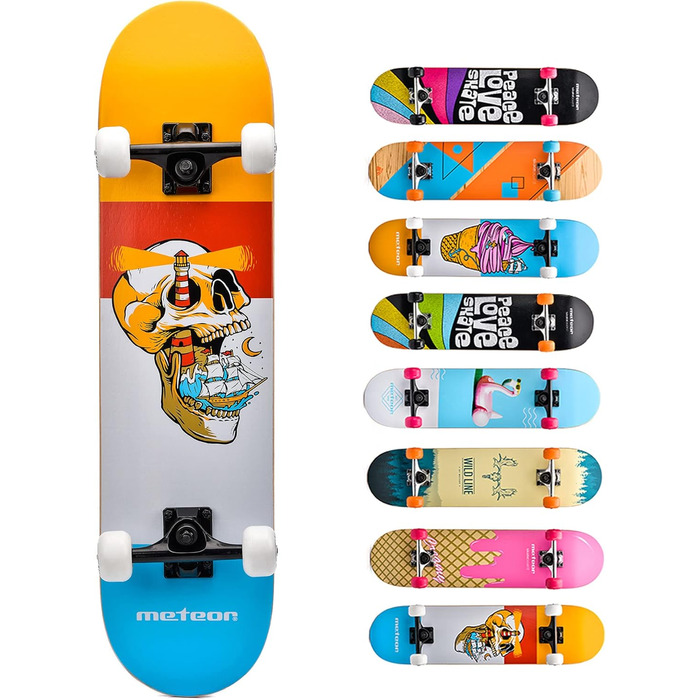 Дитячий дерев'яний скейтборд Meteor SCULL Mini Cruiser для хлопчиків і дівчаток, ретро-стиль, високоякісна дека, роликове дошка