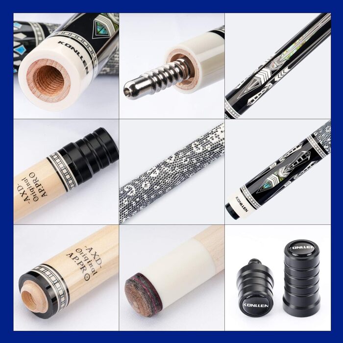 Більярдний кий Konllen Dragon-1 з низькою відволікаючою лінією, подовженням та чохлом (10.5 мм, 11.5 мм, 12.5 мм наконечник Tigerspitze, XTC-чохол, 3/8 x 8 радіальний штифт, 147 см довжина).