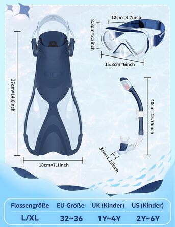 Набір для снорклінгу Supertrip SeaBlue L/XL (32-36 EU) для дітей: маска з панорамним оглядом 180°, ласти, трубка з клапаном