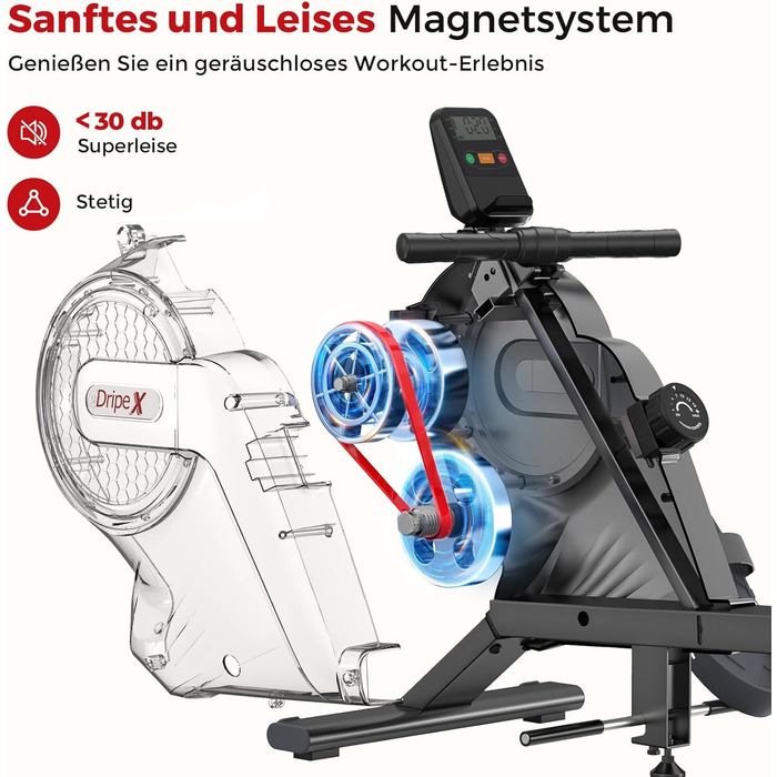 Дріпекс - тренажер для дому, бігова доріжка для веслування, до 160 кг, 16 рівнів опору, Bluetooth, LCD, тихий, чорний