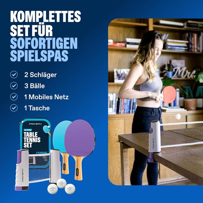 Набір для настільного тенісу PRO-SPIN - з сіткою, м'ячами, сумкою | Для гри 2 гравців | Преміум якість | Фіолетовий/Блакитний