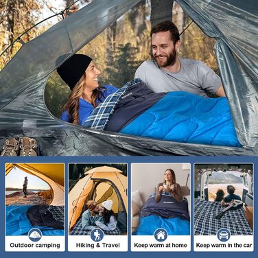 Спальний мішок для двох дорослих, 220x150 см, водонепроникний, зимовий, блакитний, фланель, з сумкою для зберігання