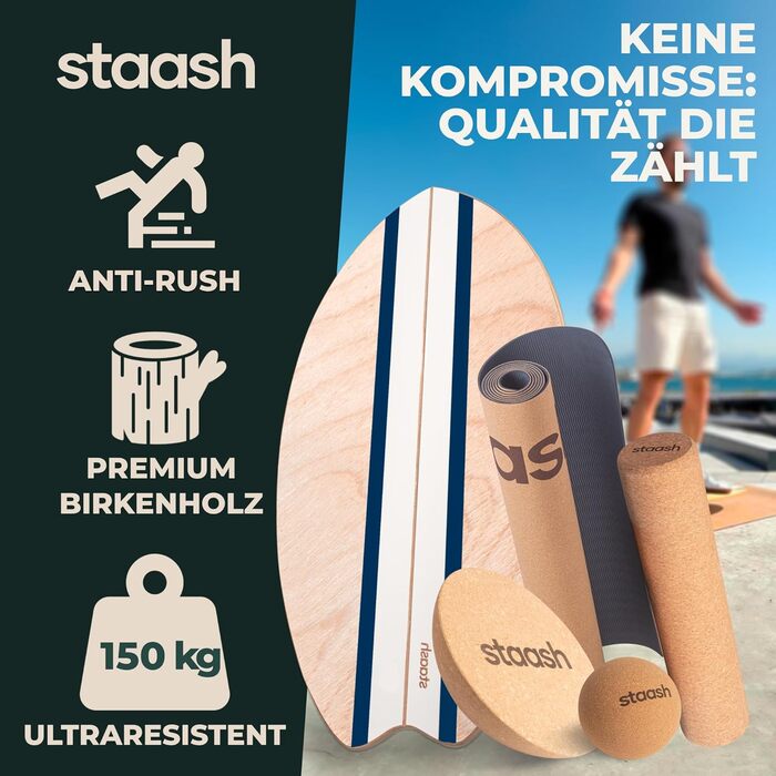 STAASH® PRO Балансборд з берези – Преміум 5-в-1 набір для балансу, фітнесу та реабілітації. Ролик + півсфера + килимок. Макс. вага 150 кг, Колір: Морська хвиля