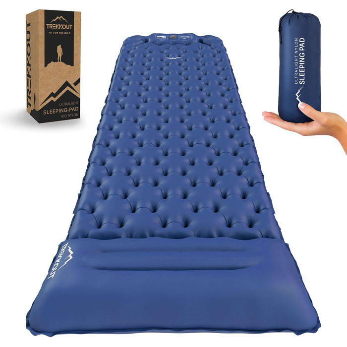TREKKOUT Ultraleichte Isomatte з подушкою | Легка надувна туристична матрац для кемпінгу, подорожей та відпочинку | З інтегрованою помпою, водонепроникна, для одного спального місця