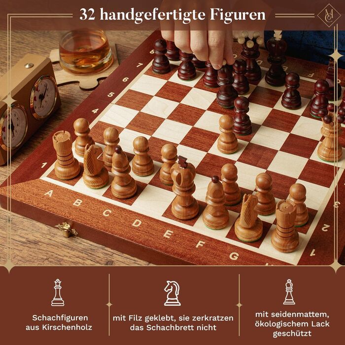 Шаховий набір Intarsien Pearl XL з вишневого дерева | Master of Chess | Шахи 42 см | Класичні шахи для дітей та дорослих - шахове поле та фігури з вишні XL