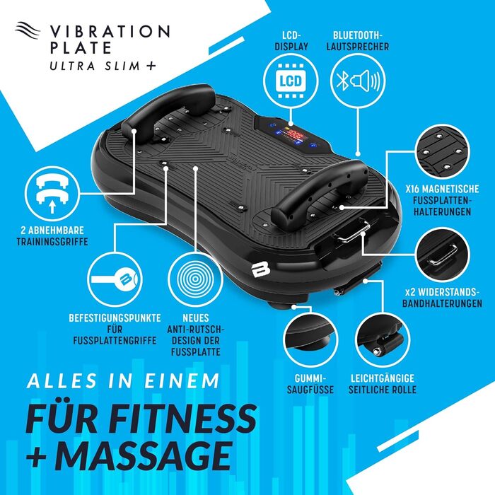 Вібраційна платформа Bluefin Fitness Ultra Slim Plus для нарощування м’язів і тренування всього тіла, з еспандерами, тиха, компактна, для домашніх тренувань