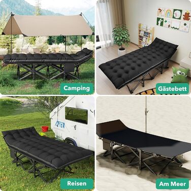 Розкладне ліжко-тахта для кемпінгу з матрацом, сталеве, чорне, 190x71x35 см