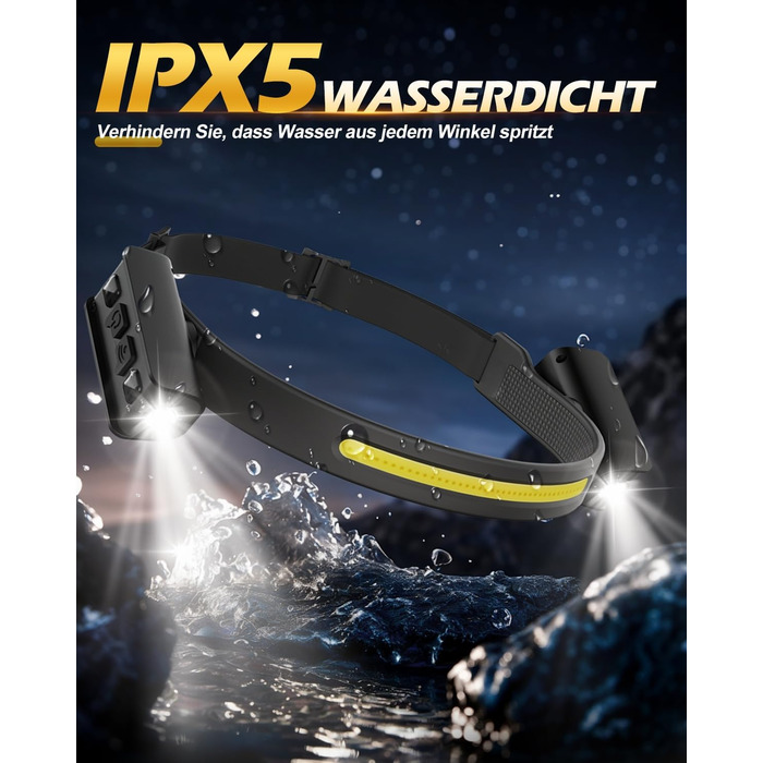 Налобний ліхтар Tekwet LED з акумулятором, 2 шт., 230° світловий потік, датчик руху, 2400 mAh, 6 режимів, для кемпінгу, піших прогулянок, бігу, риболовлі, чорний