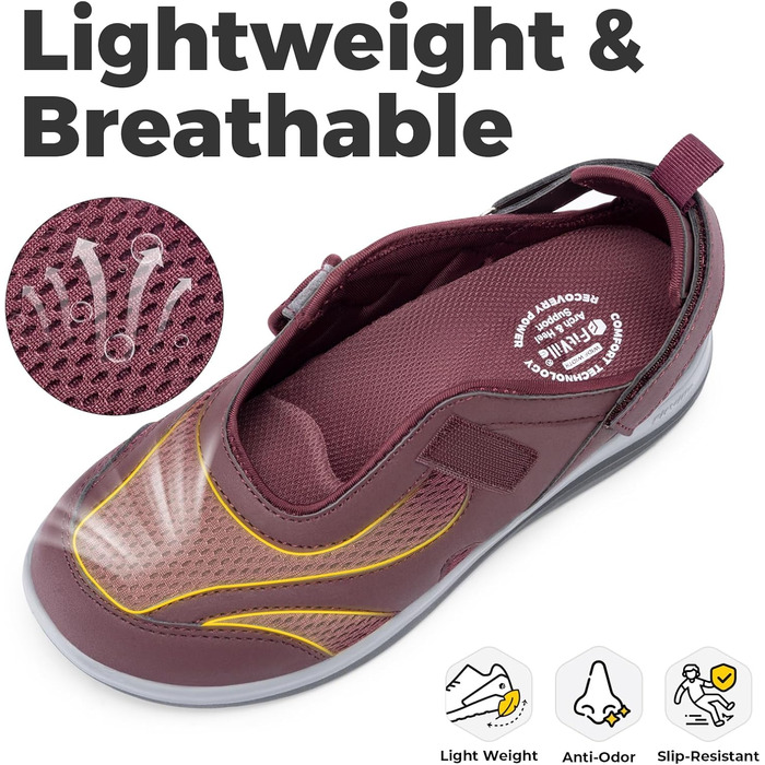 Стрічки FitVille для жінок, літні сандалії для догляду за ногами, Mary Jane з липучкою, широка модель, 35.5 EU, бордовий колір