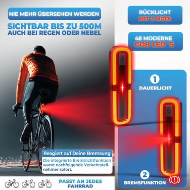 Набір велосипедних ліхтарів MIVELO з акумулятором, сертифікований StVZO, USB-зарядка, водонепроникність, передній та задній ліхтар, клас енергоефективності A+++ SMART Ultimate з гальмівним ліхтарем