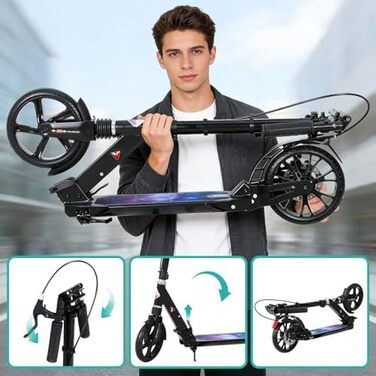 Скутер ISE Roller 200mm з великим колесом, подвійним гальмом та амортизацією. Розкладний міський скутер для дорослих та дітей, регульована висота до 100 кг, з ремінним ременем та ручним гальмом (дизайн 'Зоряне небо')