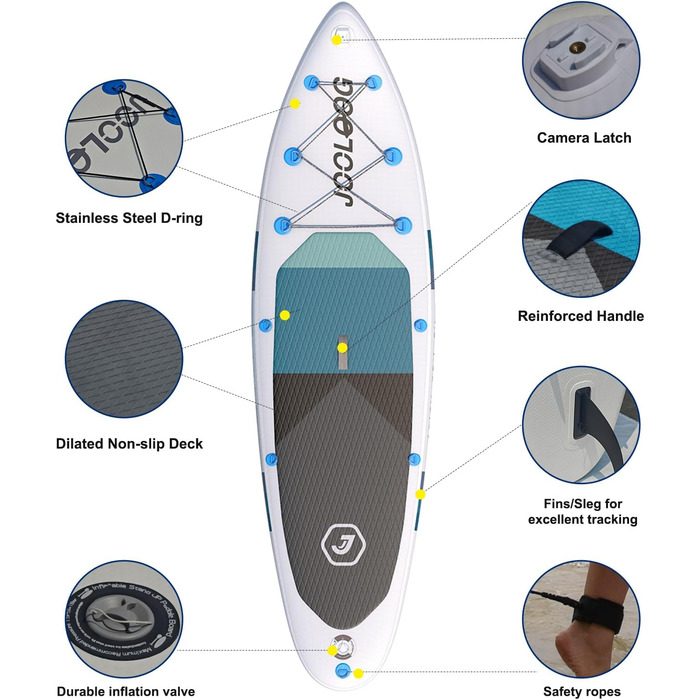 Надувний SUP Board JOOLOOG Stand Up Paddle Board 300 кг, 6 дюймів товщини, з аксесуарами для веслування для дорослих та підлітків, довжина 10'2/10'5', 320 x 81 x 15 см, зелено-сірий колір (білий/чорний з сидінням)