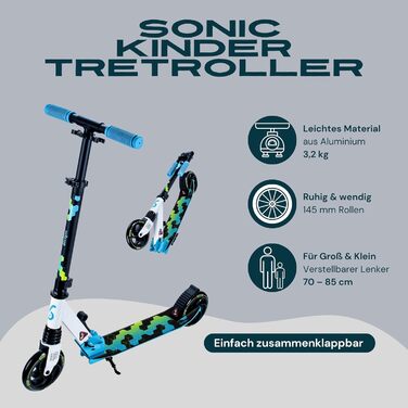Самокат міський Bergen City Scooter Sonic – алюмінієвий, складаний, колеса PU 145мм, амортизатор, гальмо заднє, регульована висота, для дітей від 5 років, легкий, чорний/білий/синій/зелений