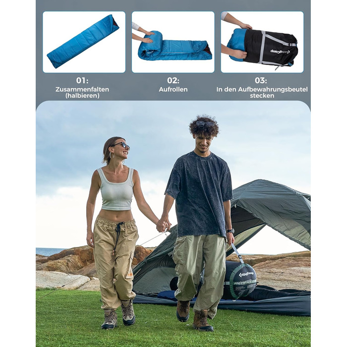 Спальний мішок KingCamp для 2 осіб з фланелі, зимовий, теплий, 3-4 сезони, з 2 подушками, для кемпінгу та відпочинку на природі (синьо-блакитний)