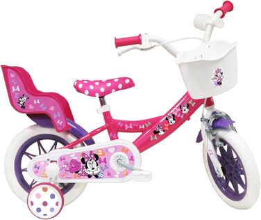Дитячий велосипед 12 дюймів Disney Minnie Mouse з кошиком, тримачем для ляльки, гальмом, захисним щитком і шоломом, рожевий, для дівчаток