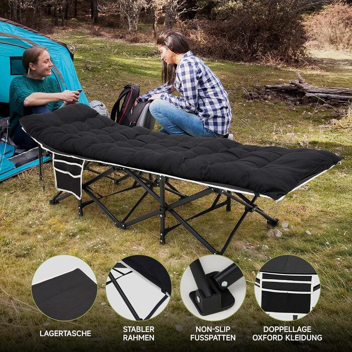 Розкладне ліжко Warmiehomy XXL з матрацом для дорослих, гостьове ліжко, широке та міцне, для кемпінгу, відпочинку, офісу, саду, сіре (чорне), з матрацом
