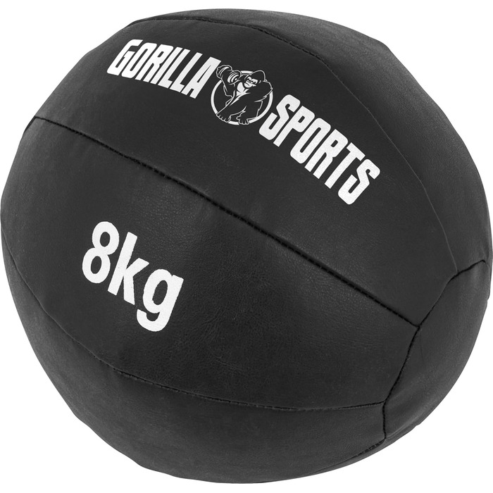 Медичний м'яч GORILLA SPORTS 8 кг, шкіряний, чорний, 29 см – тренувальний, фітнес м'яч, для кросфіту та фітнесу