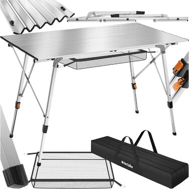 Стіл для кемпінгу Tectake®: розкладний, алюміній, велика стільниця 120x70.5 см, регульована висота, водостійкий, з сумкою