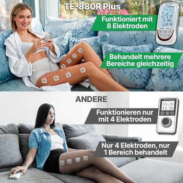 TESMED TE-880R Plus: Музелелектричний стимулятор TENS EMS, пристрій для зняття болю та масажу, 73 програми (2 налаштовуються), 8 електродів