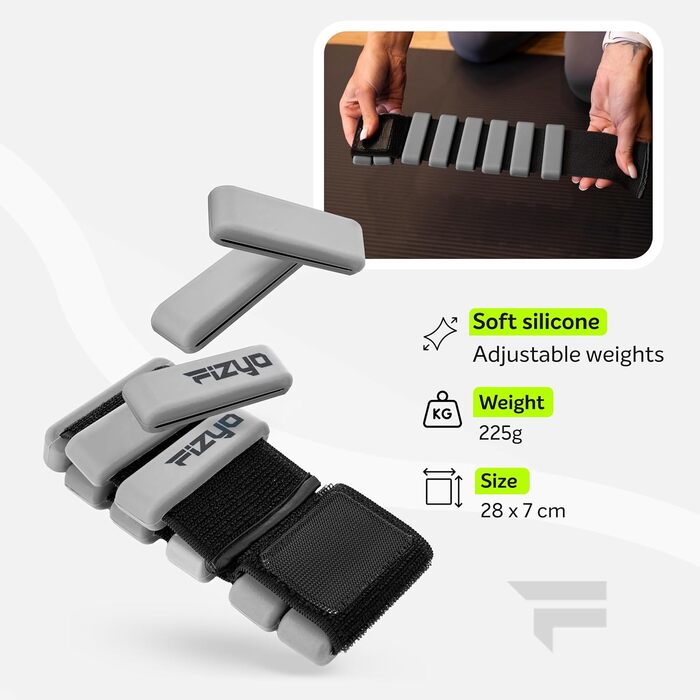 Регульовані вантажі на зап'ястя Fizyo – комплект з 2 шт. Міцні та портативні вантажі для зап'ястя та щиколоток для йоги, танців, балету, пілатесу, кардіо, аеробіки, ходьби (Сірий, 2x225г)