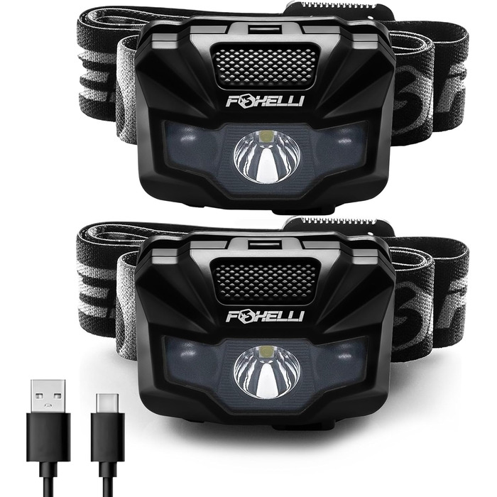 Foxelli LED налобний ліхтар з акумулятором – Ultraleichte перезарядна налобний ліхтар з червоним світлом для дорослих та дітей, для бігу, джогінгу, читання, риболовлі, велосипеда, кемпінгу, піших прогулянок та активного відпочинку 2 шт. Чорний