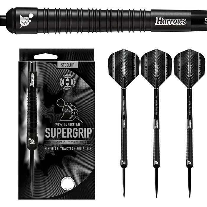 Набір дротиків Harrows SUPERGRIP Black Edition, 90% вольфрам, 28 г, з наконечником зі сталі, з насадками та оперенням Supergrip