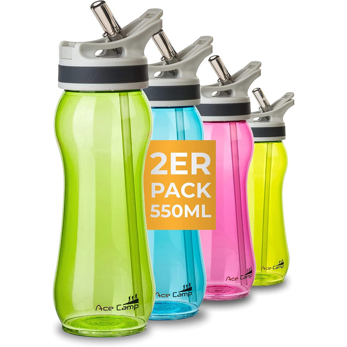 Пляшка для води AceCamp TRITAN 550 мл, спортивна, BPA-free, з подвійною кришкою, зелена, набір 2 шт.