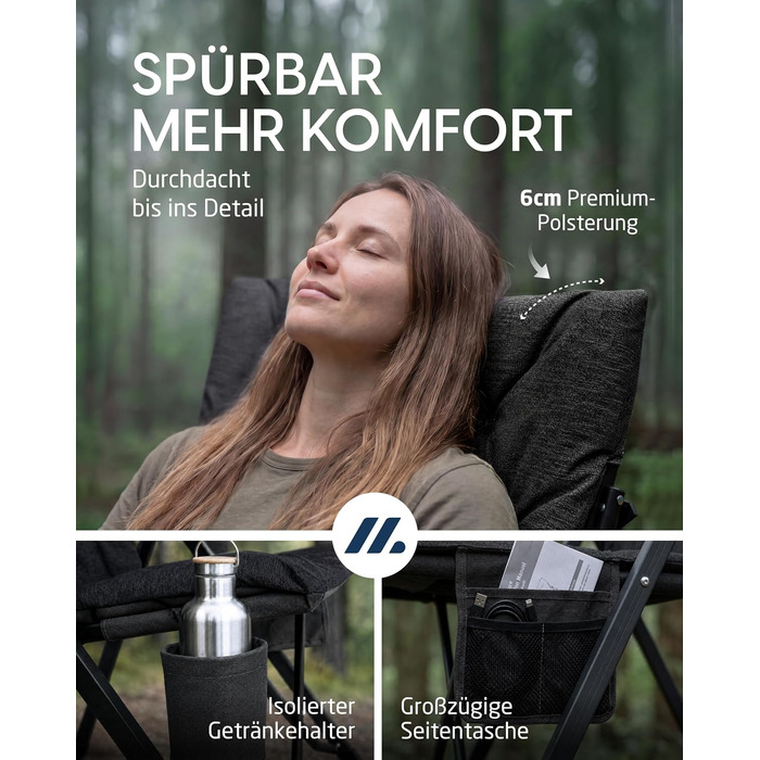 Розкладне крісло для кемпінгу NORDMUT Premium з високою спинкою, регульоване (4 позиції), посилений садовий стілець для відпочинку на відкритому повітрі, навантаження до 140 кг, Антрацит