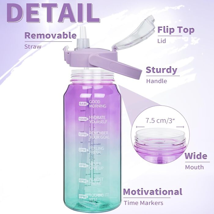 DEARRAY 2л пляшка для води Tritan з трубочкою, тайм-маркуванням, мотиваційна, BPA-free, спортивна, для фітнесу, тренажерного залу, походів, прозора, лілова/зелена