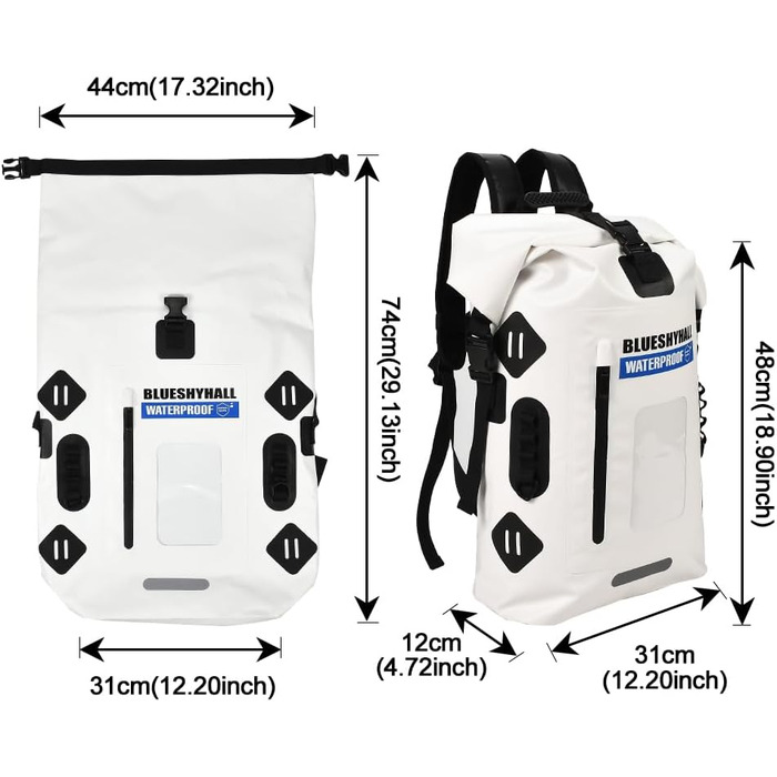 Водонепроникний рюкзак Blueshyhall - містка сумка, спортивна торба, Dry Bag, ролтоп - для водних видів спорту, кемпінгу (білий, 35 л)