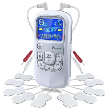 Пристрій TENS для терапії болю, EMS, 2 канали, 25 режимів, 50 рівнів інтенсивності, 10 електродів (срібло)