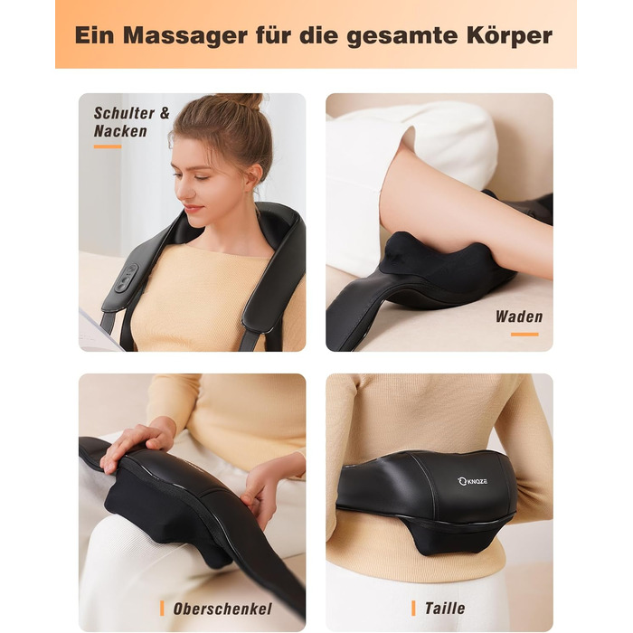 Масажер для шиї KNQZE® Shiatsu 4D з підігрівом, бездротовий, для шиї, плечей та спини, 2025 року випуску