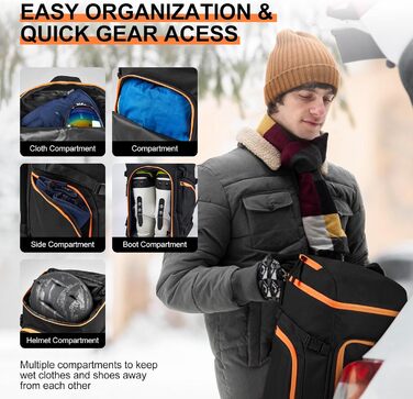 Сумка для лиж Odoland Skitasche Set: комбо для лиж та взуття, водонепроникна, до 200 см, для чоловіків та жінок (Помаранчевий)