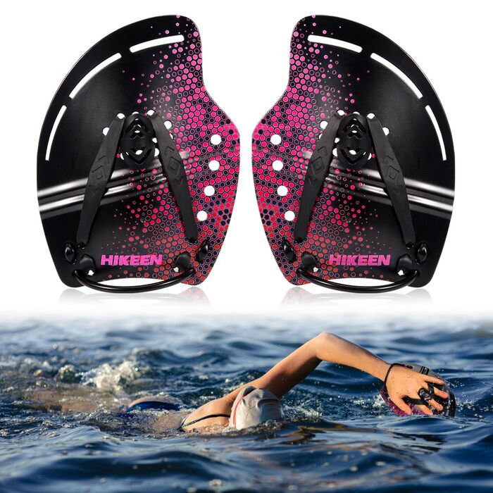 Професійні плавальні весла для тренувань, вигнуті, гідродинамічний дизайн, регульовані ремінці, рожеві