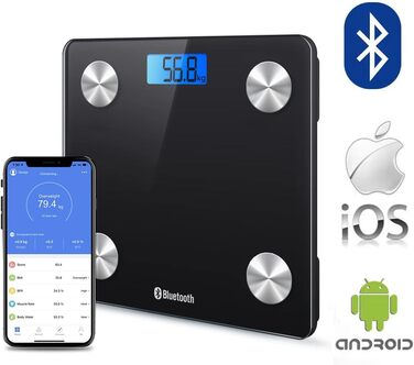 Інтелектуальна вага для тіла HomeFashion HFitness з Bluetooth, вимірювання жиру, BMI, iOS/Android, 28x28 см, білий корпус з блакитною підсвіткою