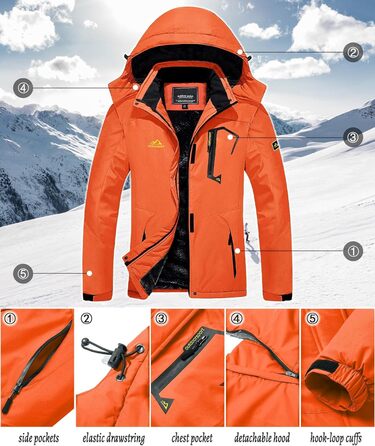 TACVAEN Жіноча куртка-перехідник, тепла зимова куртка, куртка для хайкінгу, вітронепроникна куртка з водонепроникною блискавкою, біло-чорна (XXL, помаранчевий)