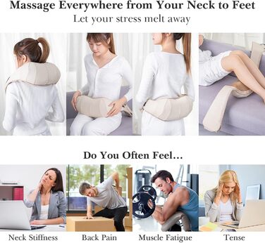 Електричний масажер для шиї та плечей Shiatsu з підігрівом, 3D ротація, 3 рівні інтенсивності, для м'язової релаксації, бежевий