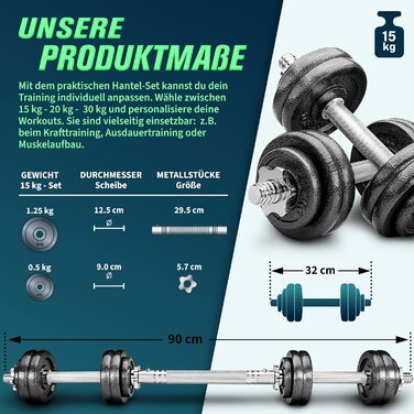Набір гантелей RE:SPORT 2 в 1 15-30 кг, регульовані, чавунні, коротка і довга гантель, зіркові замки, з'єднувальна труба