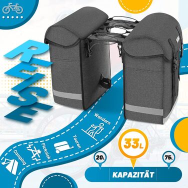 Велосумка на багажник West Biking 33 л з дощовиком і відбивачами, сіра, швидке кріплення