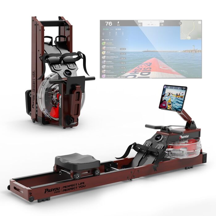 PASYOU Гребний тренажер для дому з дуба, складаний водяний рушникоріз з Bluetooth дисплеєм та 30-денною безкоштовною підпискою на Kinomap, рушникоріз з регульованим тримачем для планшету, вантажопідйомність 150 кг, PW60, коричневий