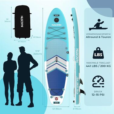 NACATIN SUP дошка надувна 320 см з сидінням, веслом та рюкзаком - для йоги, річки, моря (синій)