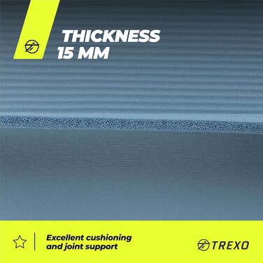 TREXO килимок для фітнесу NBR 183x61 см, 15 мм, синій, з ручками