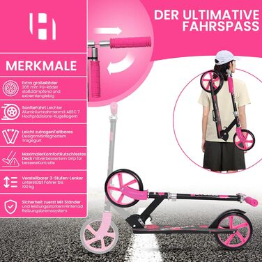 Дитячий ролер Habib Kickroller – складний, регульована висота, великі колеса, до 80 кг, для міста (рожевий)