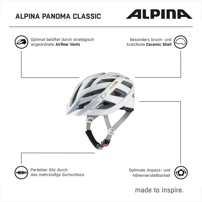 Велошолом ALPINA PANOMA CLASSIC для дорослих, білий-глос, 52-57 см, оптимальна вентиляція, легкий, можливість LED-підсвітки
