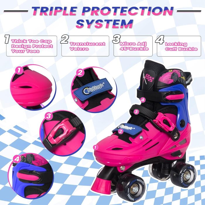 Роликові ковзани Nattork для дітей, регульовані, з LED, рожево-блакитні, розмір EU 37-41